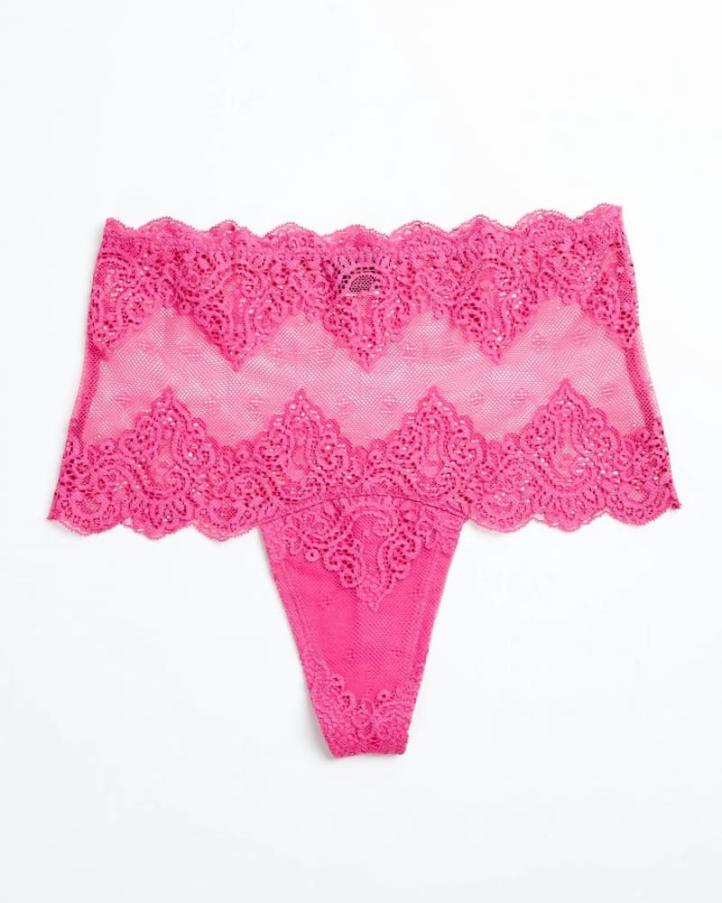 Front of a size L So Fine Lace High Cut Thong in Pink Orchid in Pink Orchid by ONLY HEARTS. | dia_product_style_image_id:340062